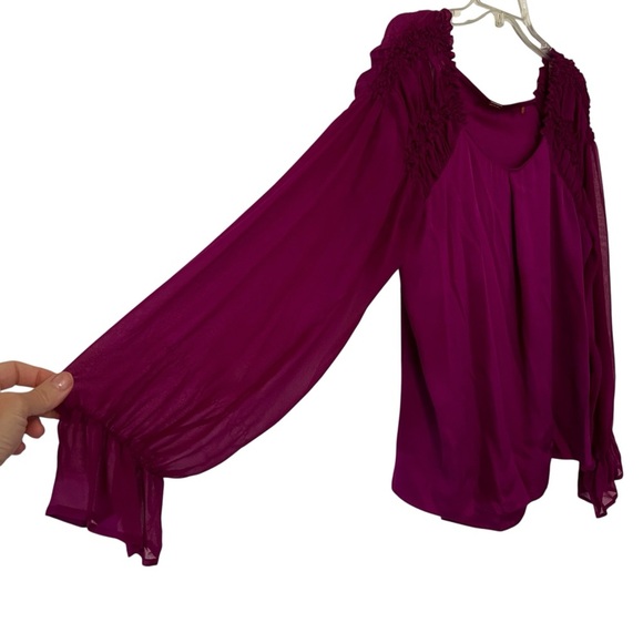 ELIE TAHARI Magenta Silk Top Ruffle Sheer Sleeves Feminine Pretty Small Flowy - Picture 9 of 13